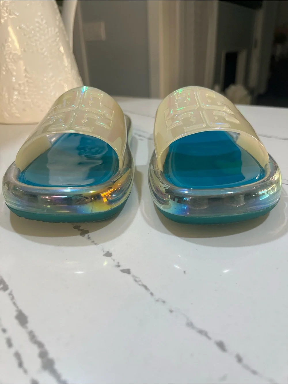 Tory Burch Green Teal Footbed Iridescent Slide Sandals size 7